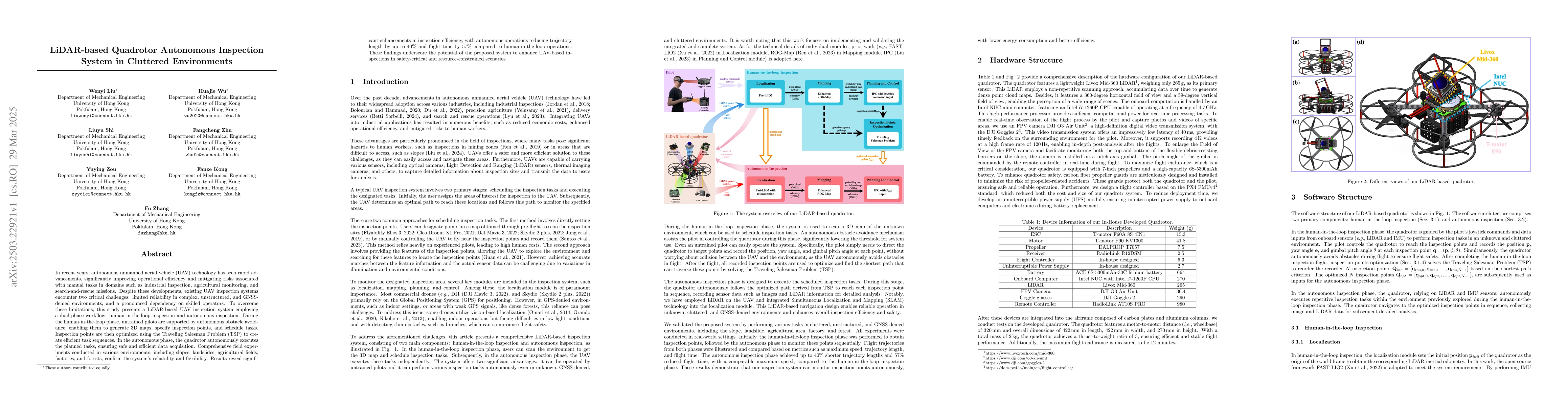 Thumbnail for LiDAR-based Quadrotor Autonomous Inspection System in Cluttered
  Environments
