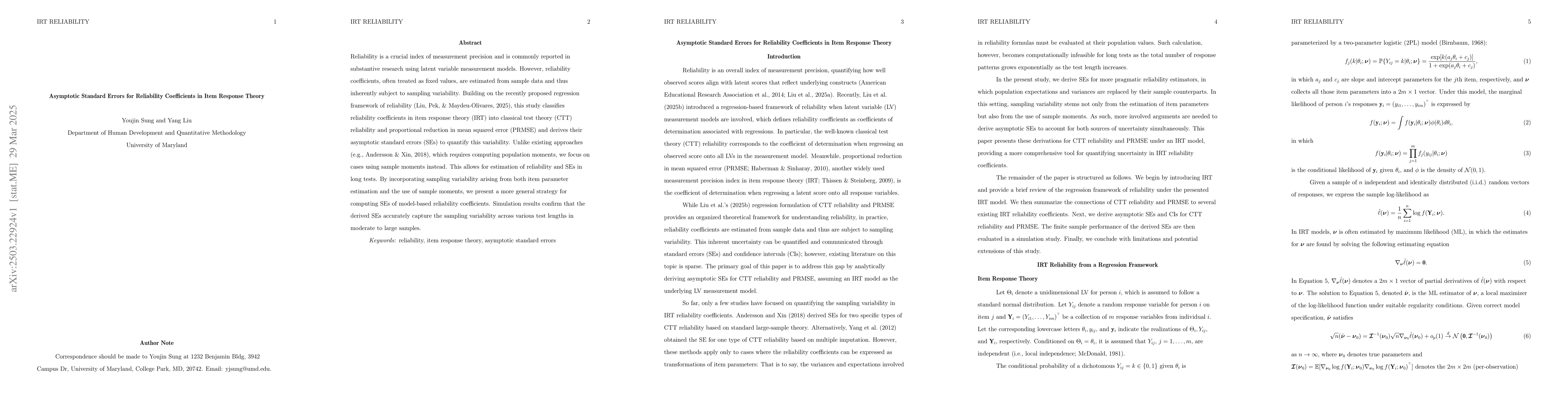 Thumbnail for Asymptotic Standard Errors for Reliability Coefficients in Item Response
  Theory