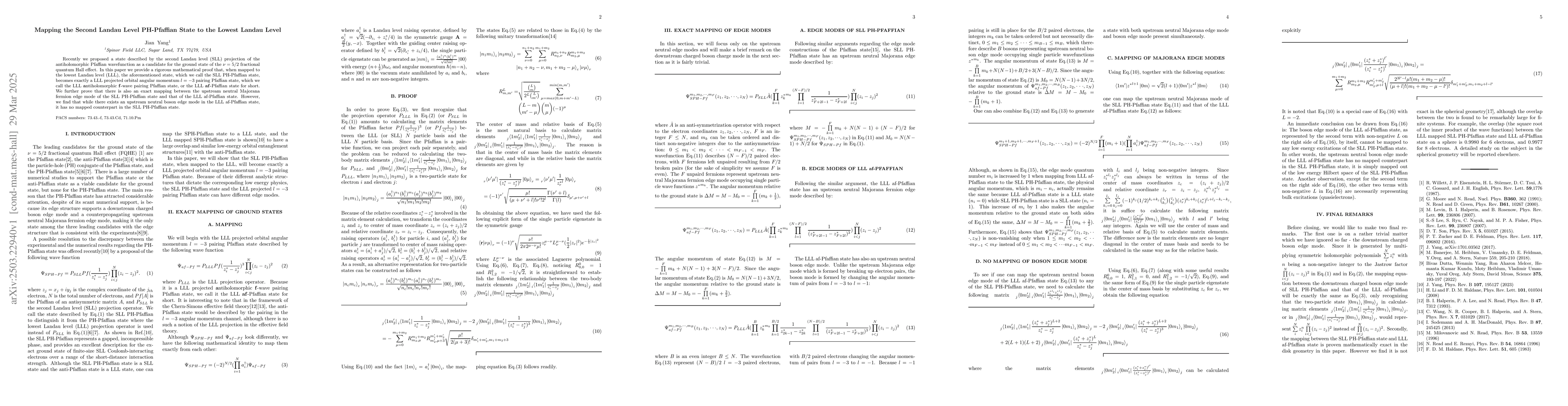 Thumbnail for Mapping the Second Landau Level PH-Pfaffian State to the Lowest Landau
  Level