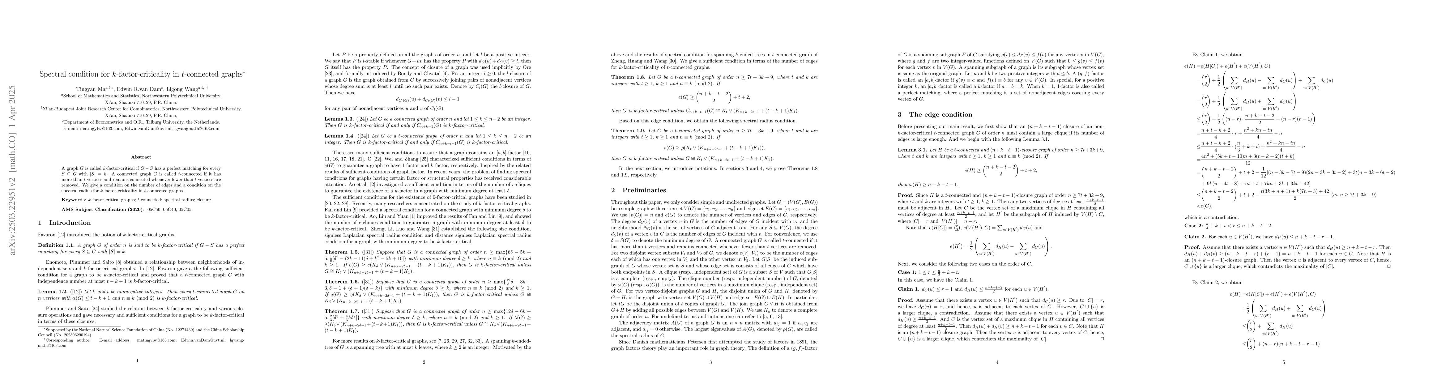 Thumbnail for Spectral condition for $k$-factor-criticality in $t$-connected graphs