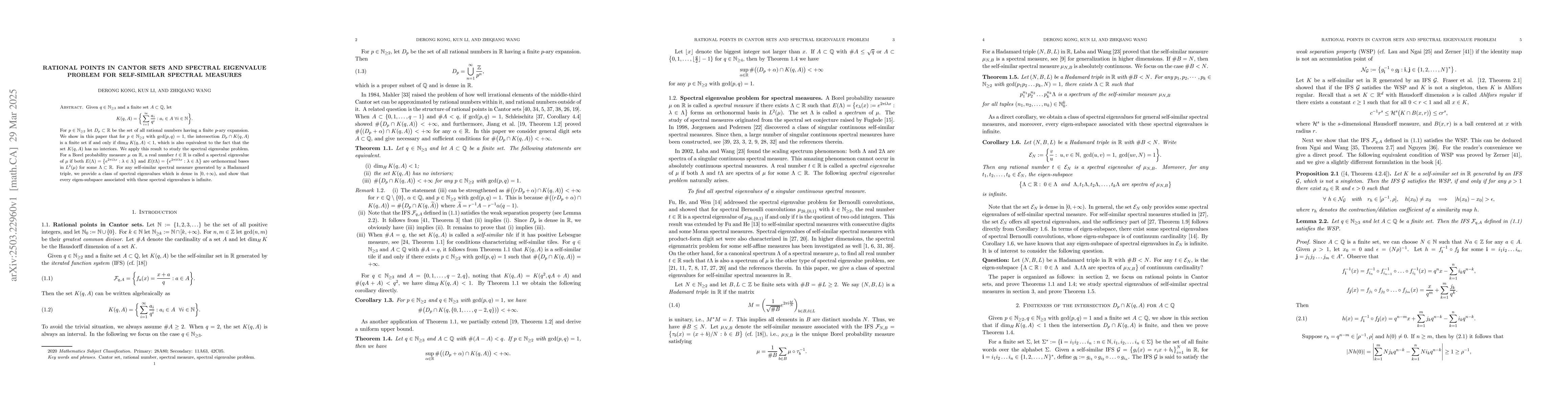Thumbnail for Rational points in Cantor sets and spectral eigenvalue problem for
  self-similar spectral measures