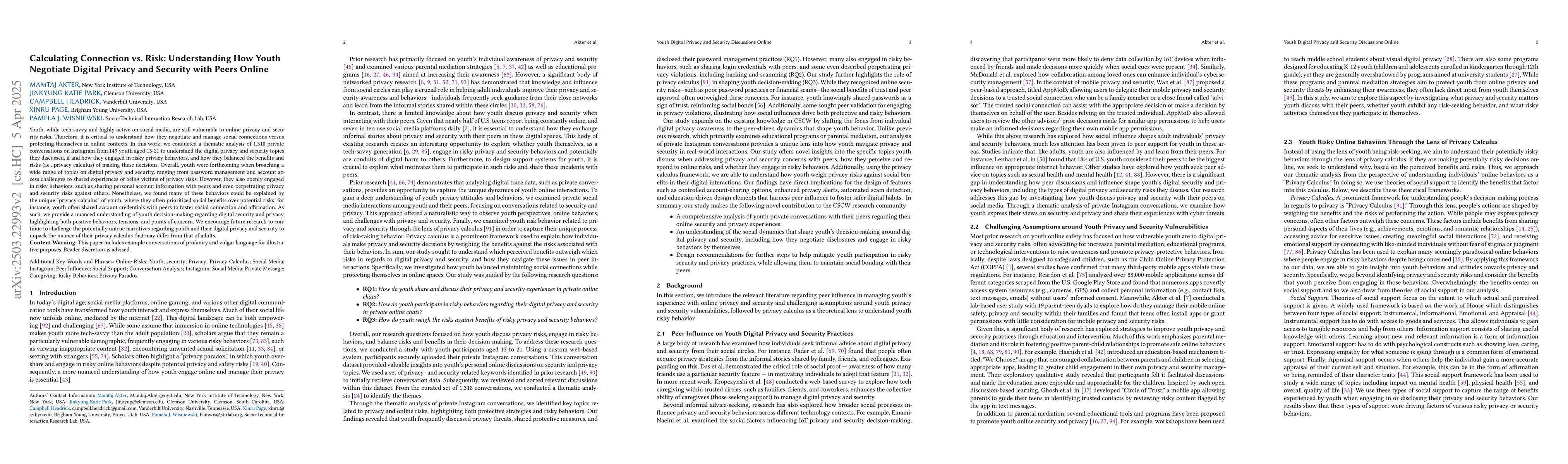 Thumbnail for Calculating Connection vs. Risk: Understanding How Youth Negotiate
  Digital Privacy and Security with Peers Online