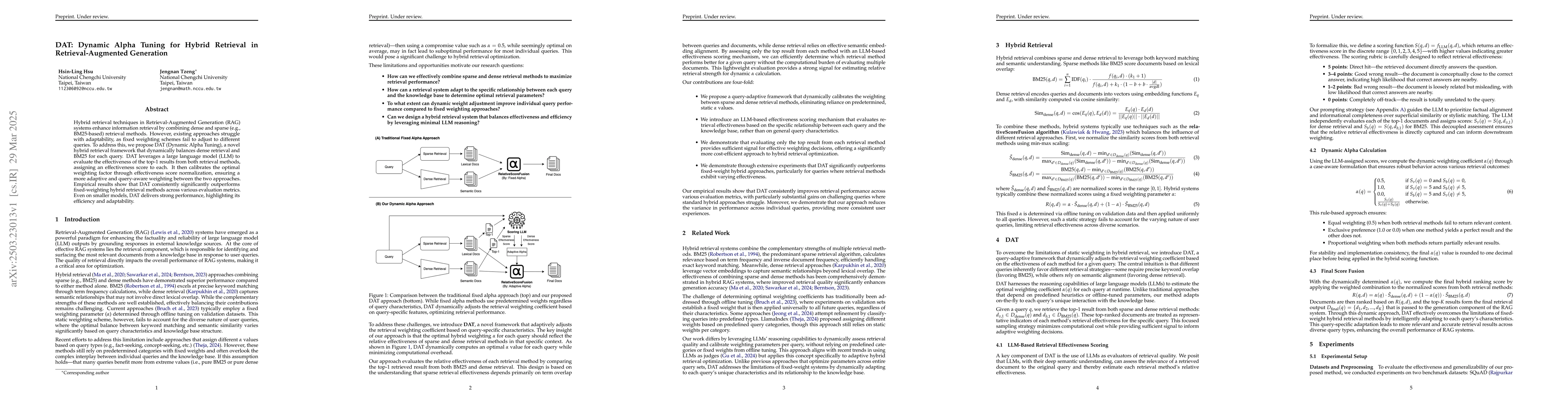 Thumbnail for DAT: Dynamic Alpha Tuning for Hybrid Retrieval in Retrieval-Augmented
  Generation