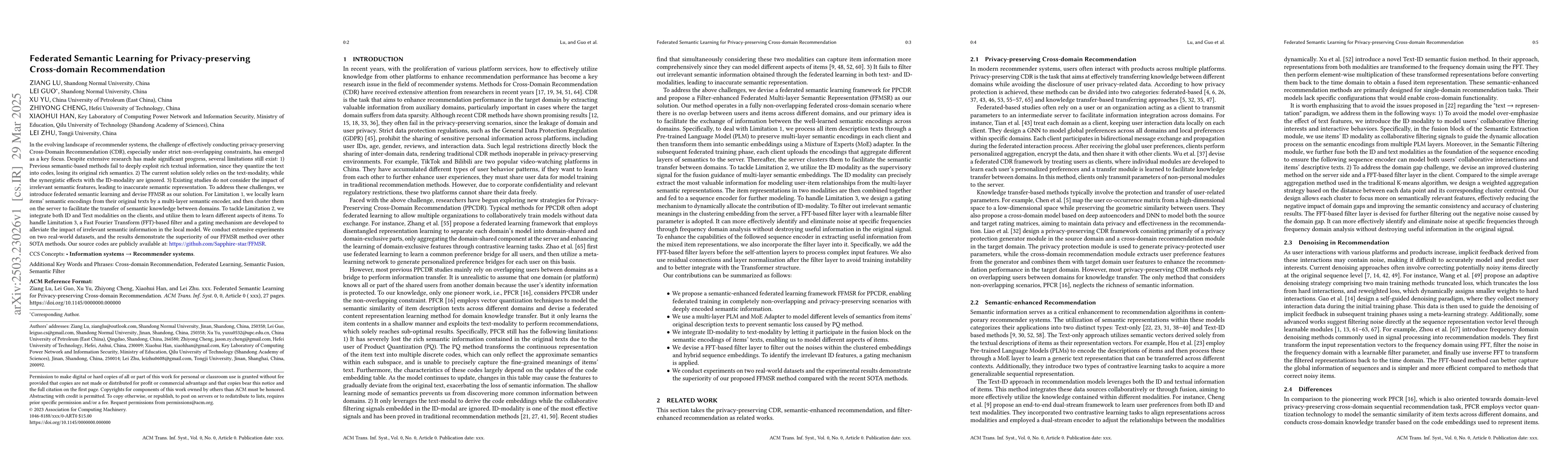 Thumbnail for Federated Semantic Learning for Privacy-preserving Cross-domain
  Recommendation