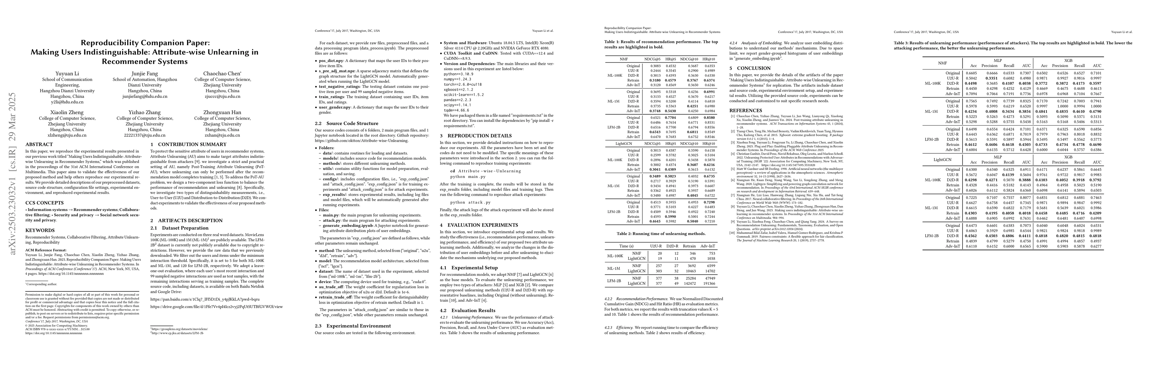 Thumbnail for Reproducibility Companion Paper: Making Users Indistinguishable:
  Attribute-wise Unlearning in Recommender Systems