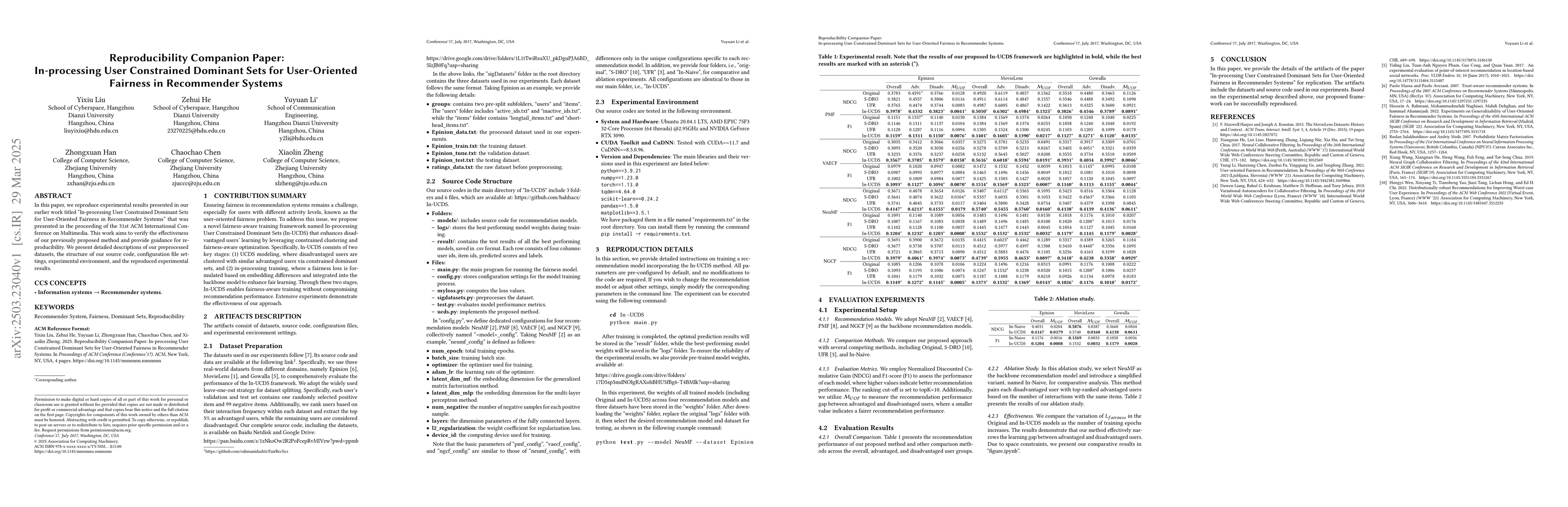Thumbnail for Reproducibility Companion Paper:In-processing User Constrained Dominant
  Sets for User-Oriented Fairness in Recommender Systems