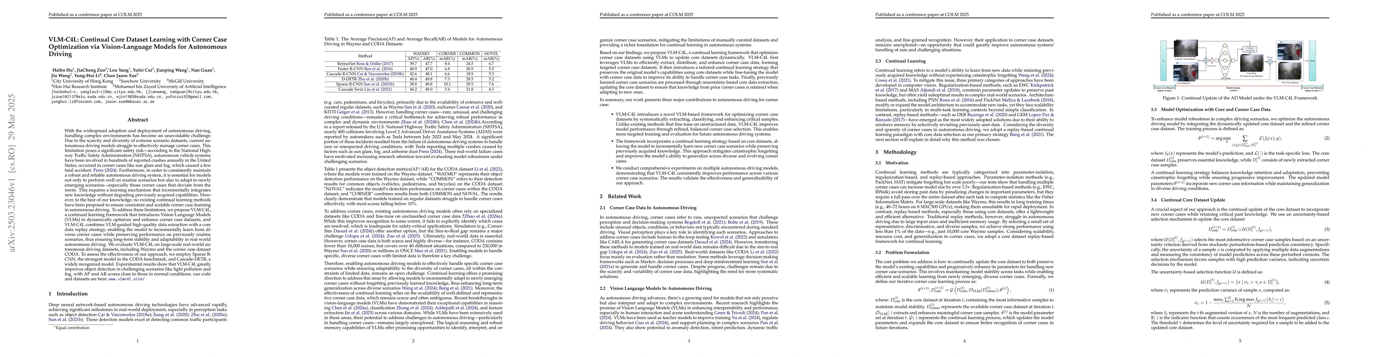 Thumbnail for VLM-C4L: Continual Core Dataset Learning with Corner Case Optimization
  via Vision-Language Models for Autonomous Driving