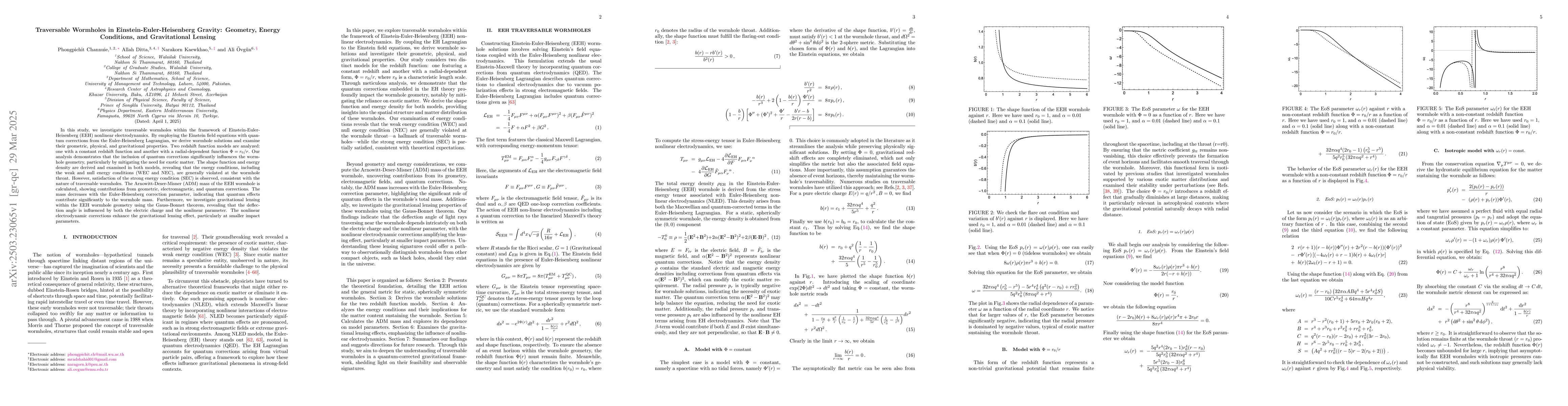 Thumbnail for Traversable Wormholes in Einstein-Euler-Heisenberg Gravity: Geometry,
  Energy Conditions, and Gravitational Lensing