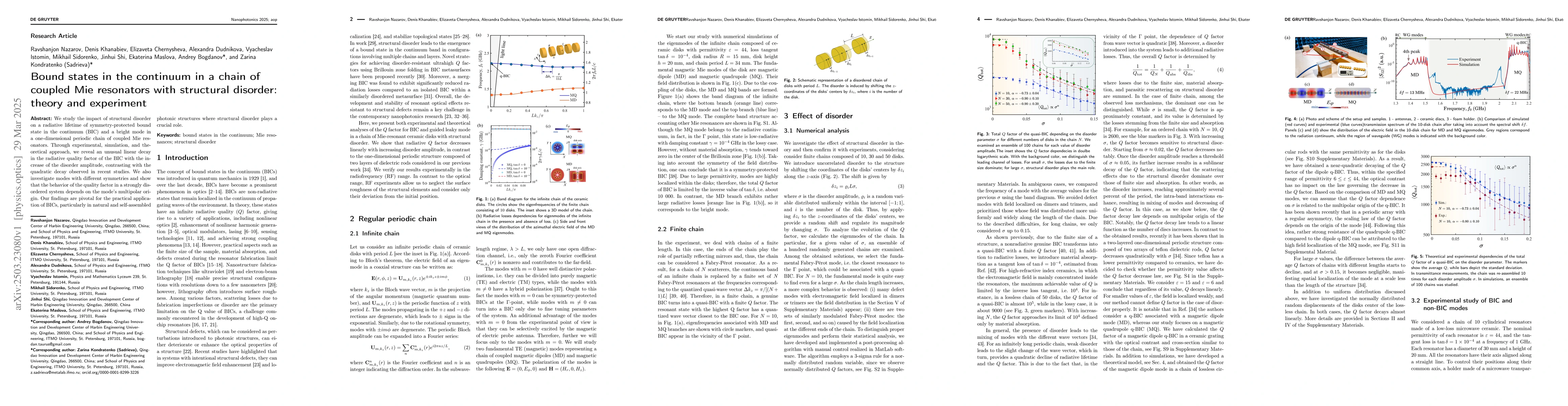 Thumbnail for Bound states in the continuum in a chain of coupled Mie resonators with
  structural disorder: theory and experiment