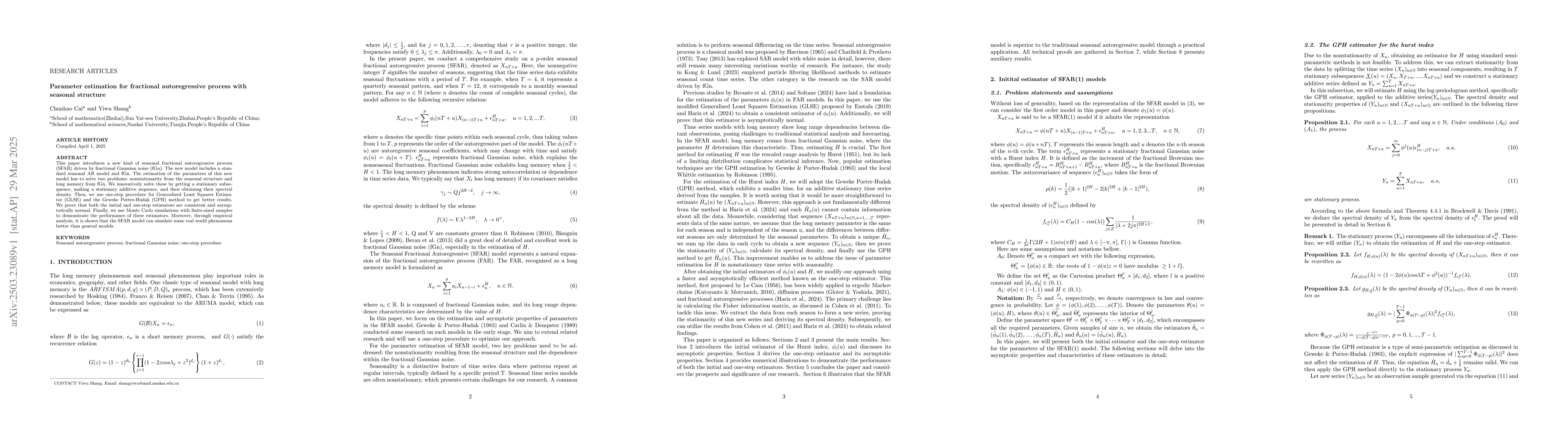 Thumbnail for Parameter estimation for fractional autoregressive process with seasonal
  structure