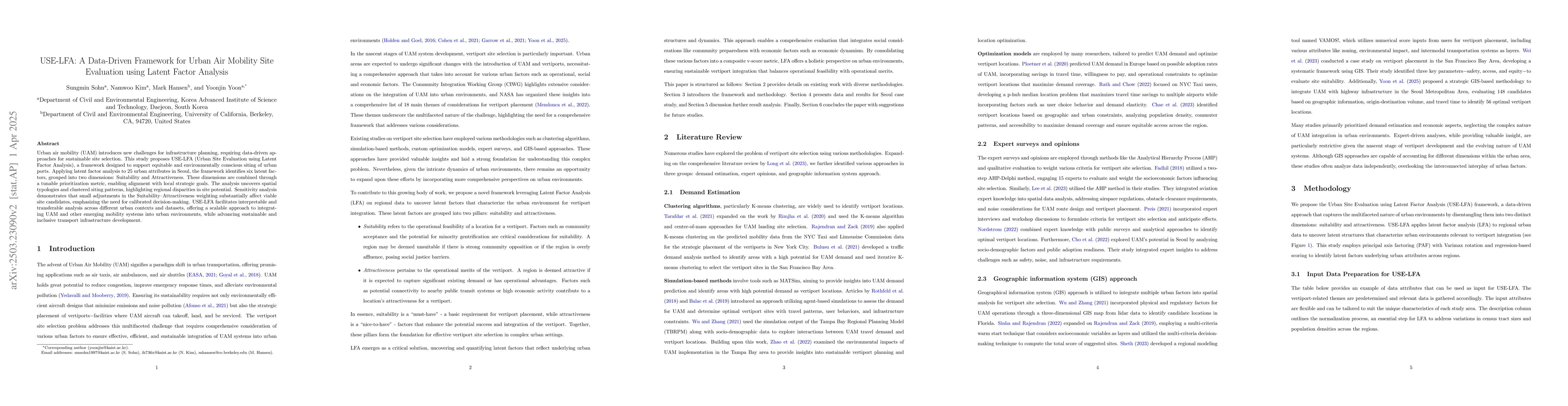 Thumbnail for USE-LFA: A Data-Driven Framework for UAM Site Evaluation using Latent
  Factor Analysis