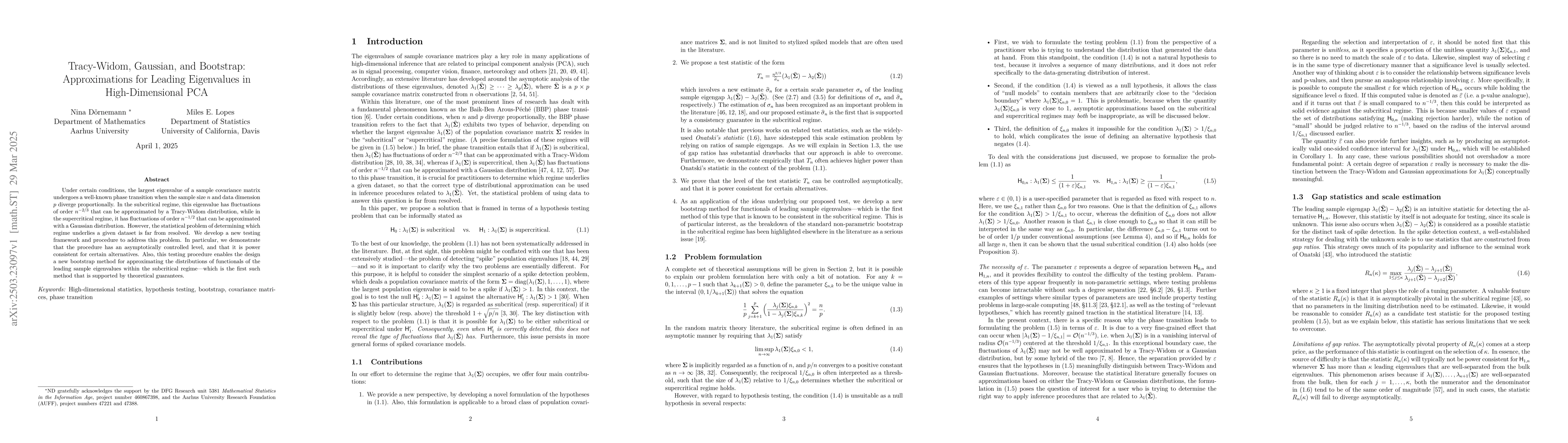 Thumbnail for Tracy-Widom, Gaussian, and Bootstrap: Approximations for Leading
  Eigenvalues in High-Dimensional PCA