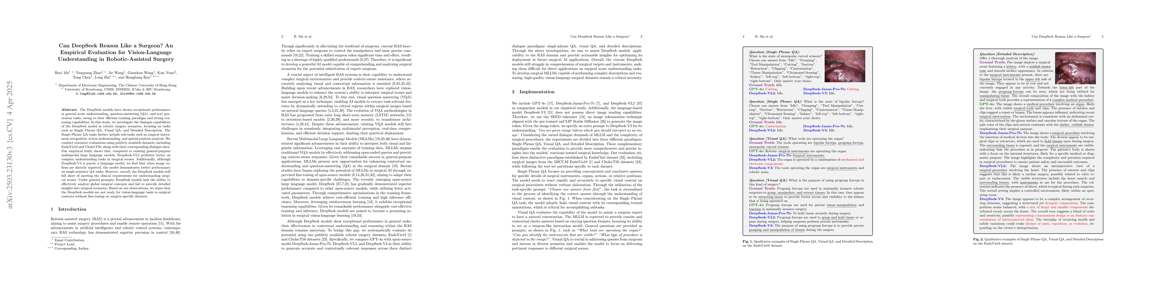 Thumbnail for Can DeepSeek Reason Like a Surgeon? An Empirical Evaluation for
  Vision-Language Understanding in Robotic-Assisted Surgery