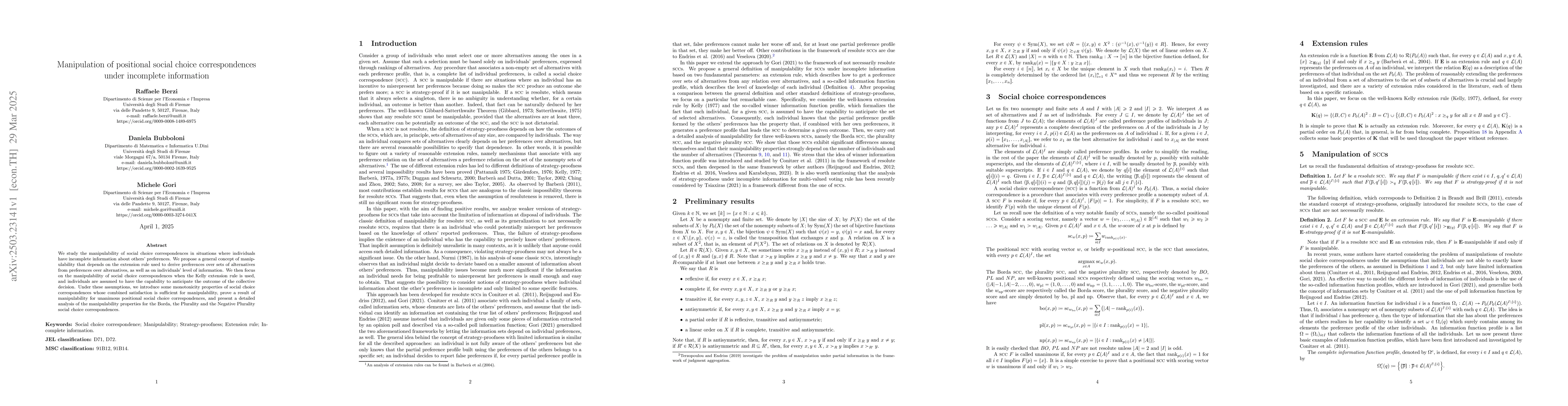 Thumbnail for Manipulation of positional social choice correspondences under
  incomplete information