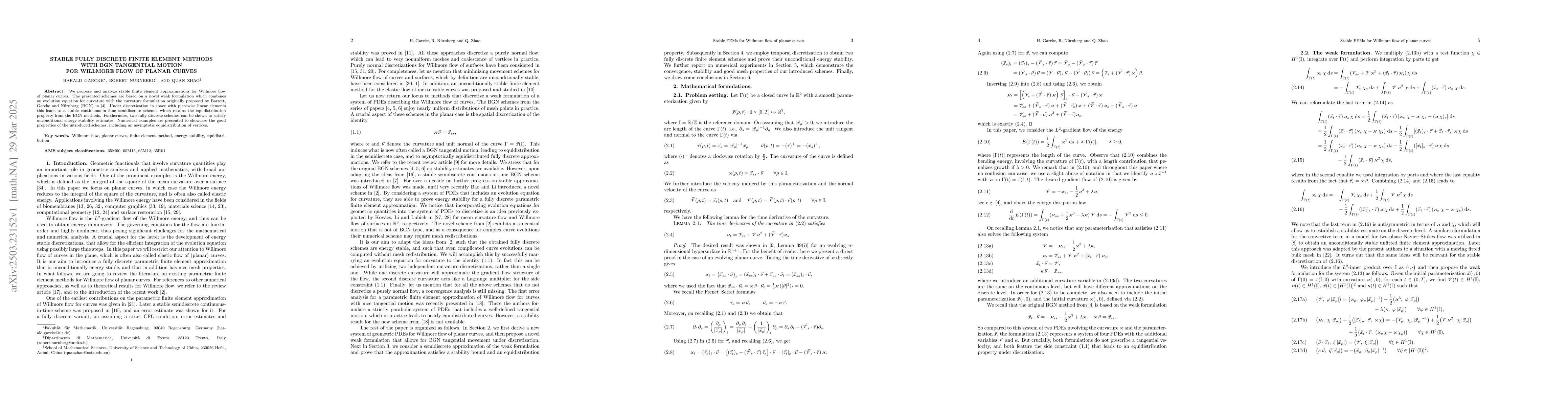 Thumbnail for Stable fully discrete finite element methods with BGN tangential motion
  for Willmore flow of planar curves