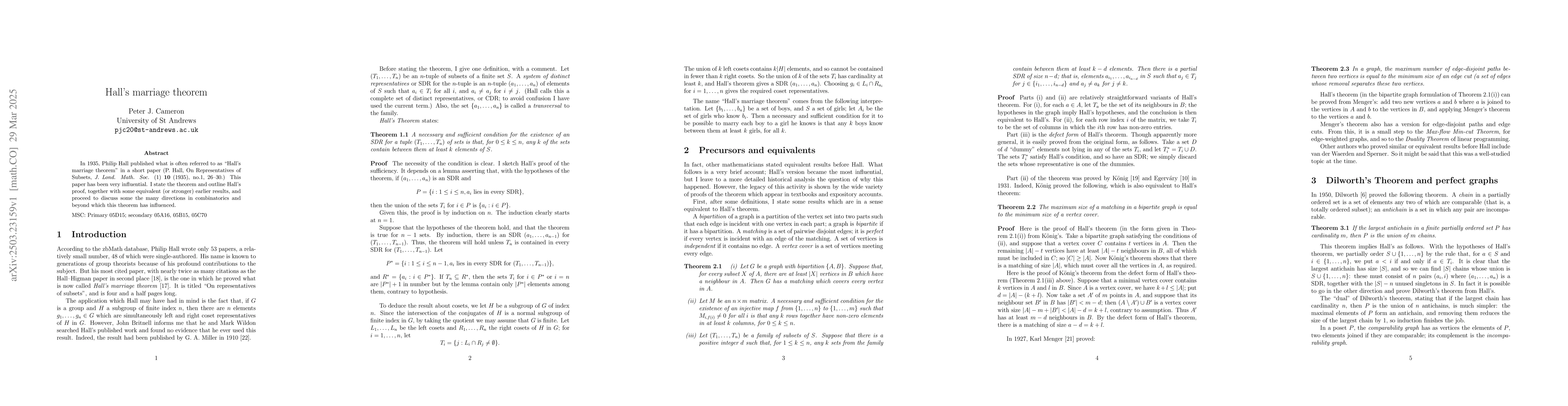 Thumbnail for Hall's marriage theorem