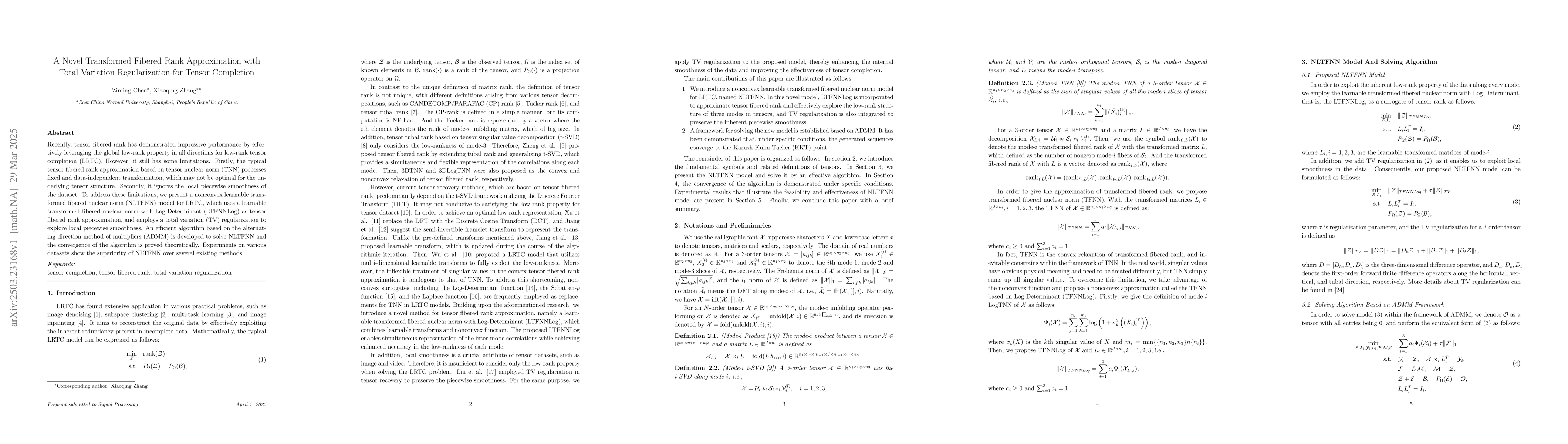 Thumbnail for A Novel Transformed Fibered Rank Approximation with Total Variation
  Regularization for Tensor Completion