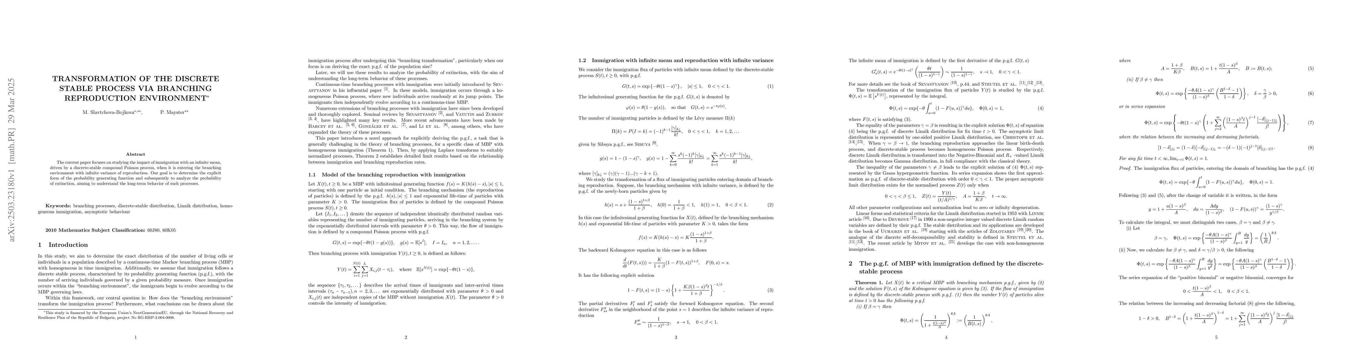 Thumbnail for Transformation of the discrete stable process via branching reproduction
  environment