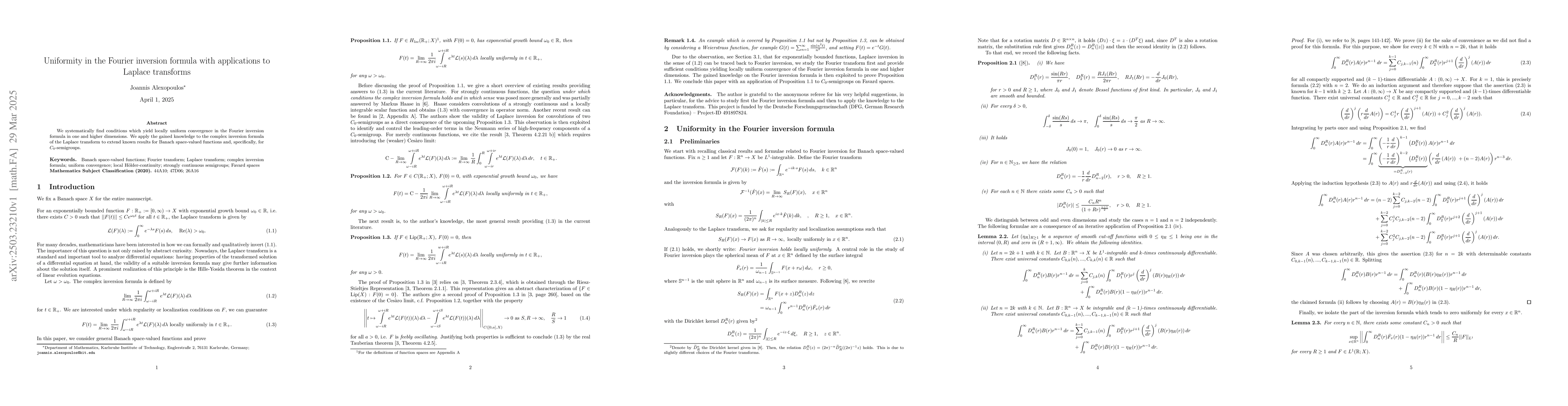 Thumbnail for Uniformity in the Fourier inversion formula with applications to Laplace
  transforms