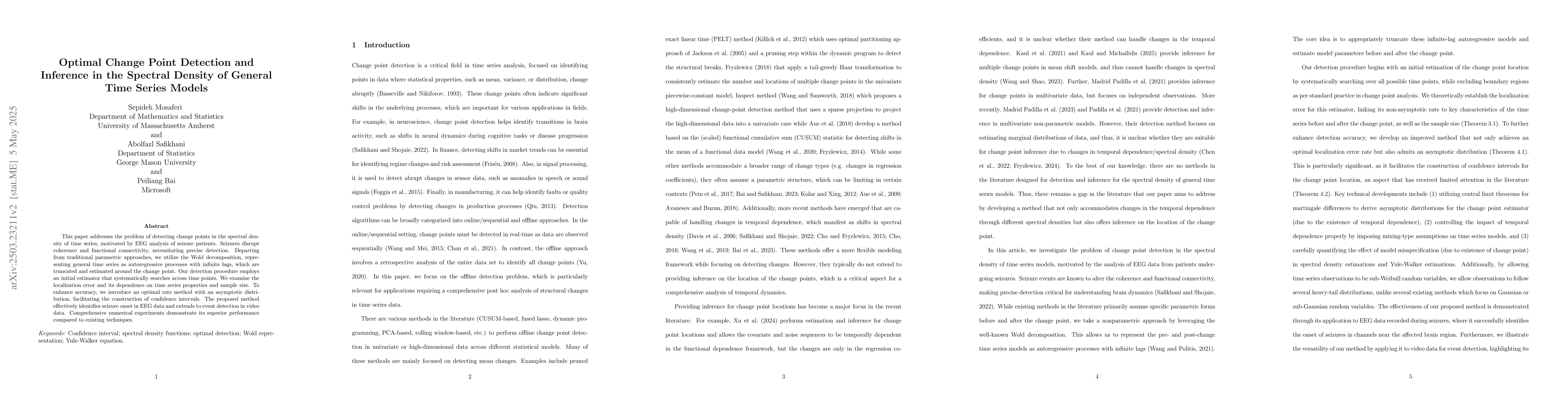 Thumbnail for Optimal Change Point Detection and Inference in the Spectral Density of
  General Time Series Models