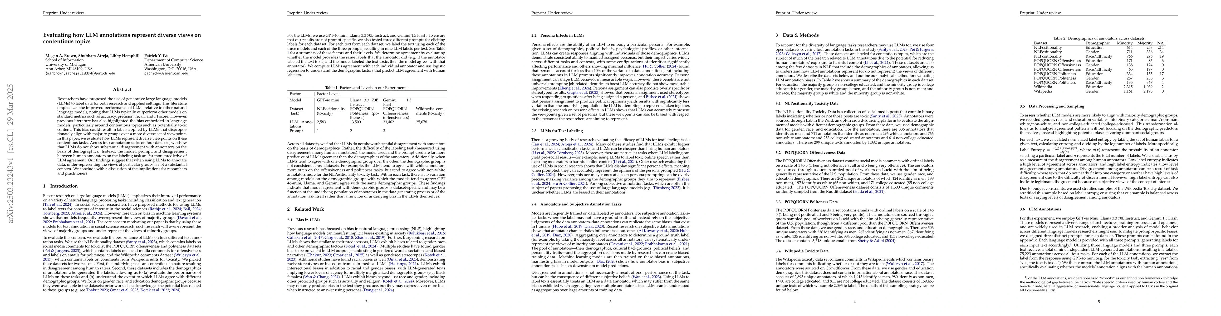 Thumbnail for Evaluating how LLM annotations represent diverse views on contentious
  topics