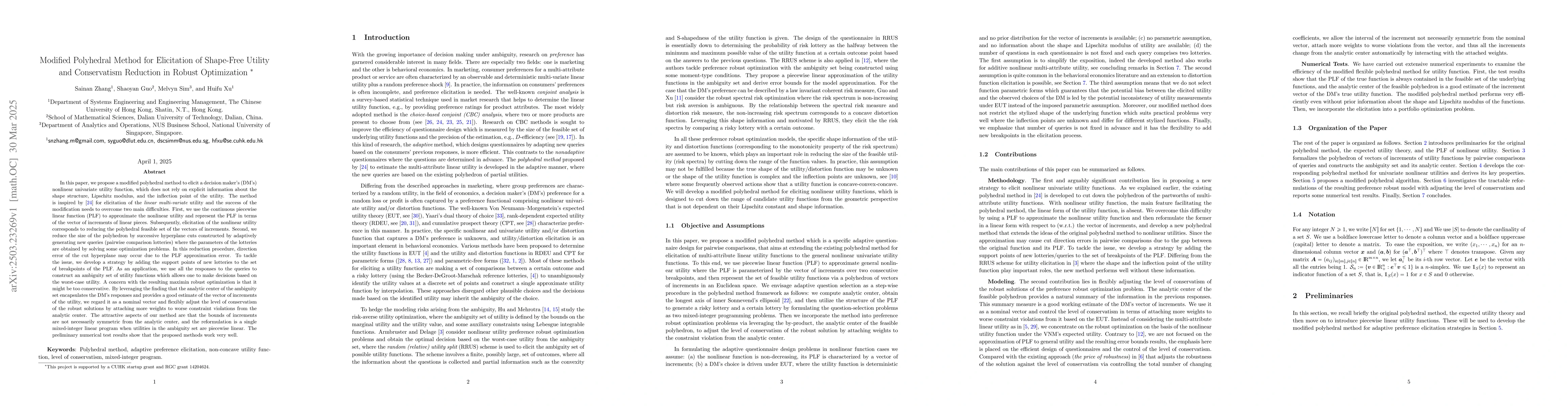 Thumbnail for Modified Polyhedral Method for Elicitation of Shape-Free Utility and
  Conservatism Reduction in Robust Optimization