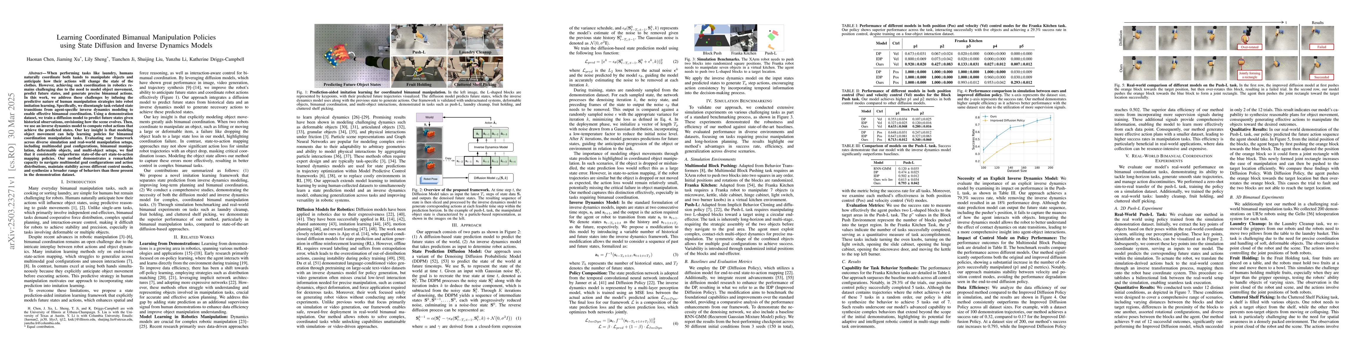Thumbnail for Learning Coordinated Bimanual Manipulation Policies using State
  Diffusion and Inverse Dynamics Models