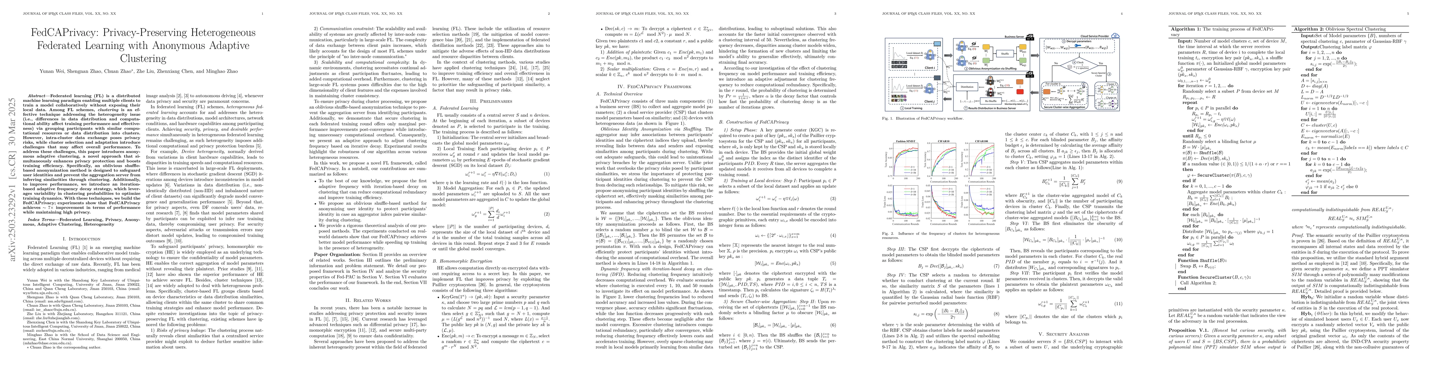 Thumbnail for FedCAPrivacy: Privacy-Preserving Heterogeneous Federated Learning with
  Anonymous Adaptive Clustering