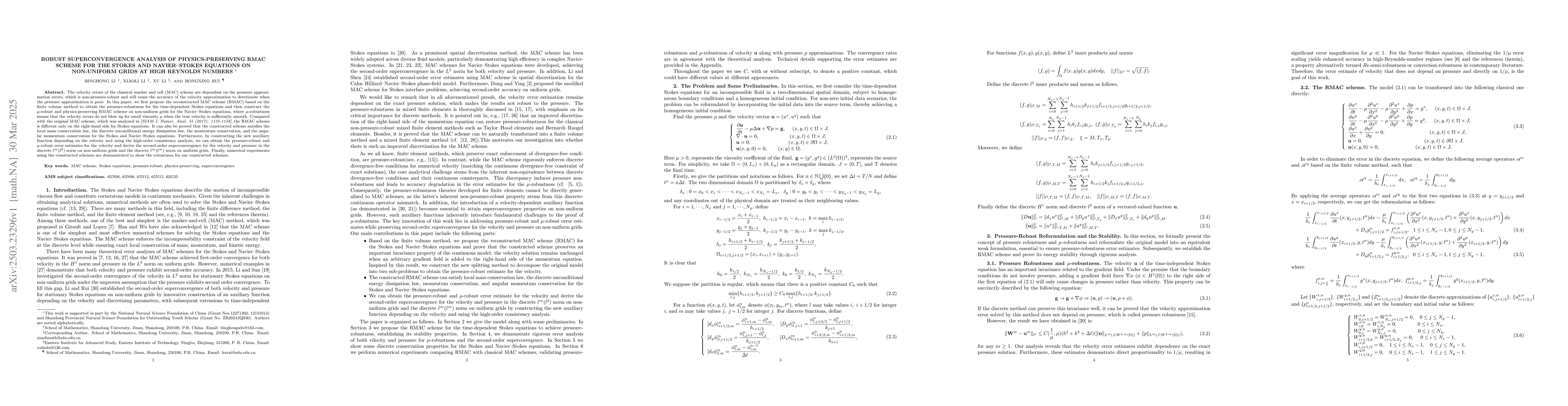 Thumbnail for Robust superconvergence analysis of physics-preserving RMAC scheme for
  the Stokes and Navier--Stokes equations on non-uniform grids at high Reynolds
  numbers