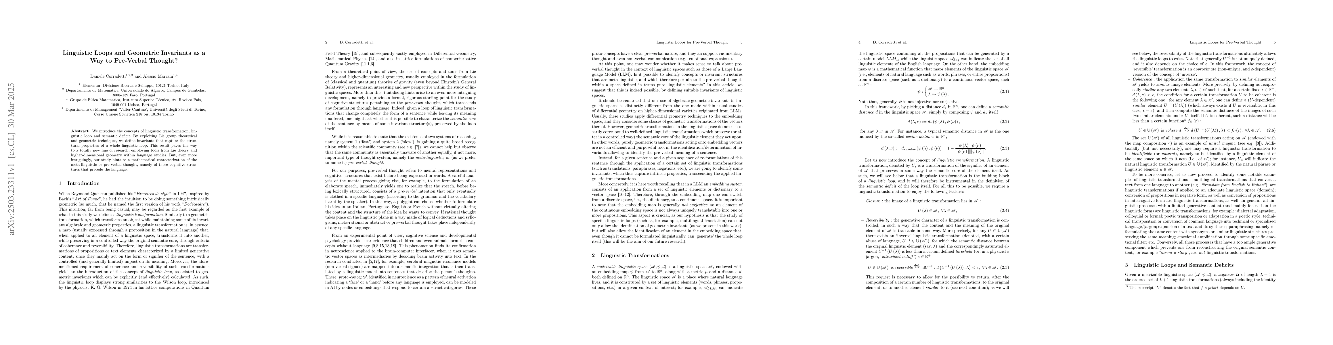 Thumbnail for Linguistic Loops and Geometric Invariants as a Way to Pre-Verbal
  Thought?