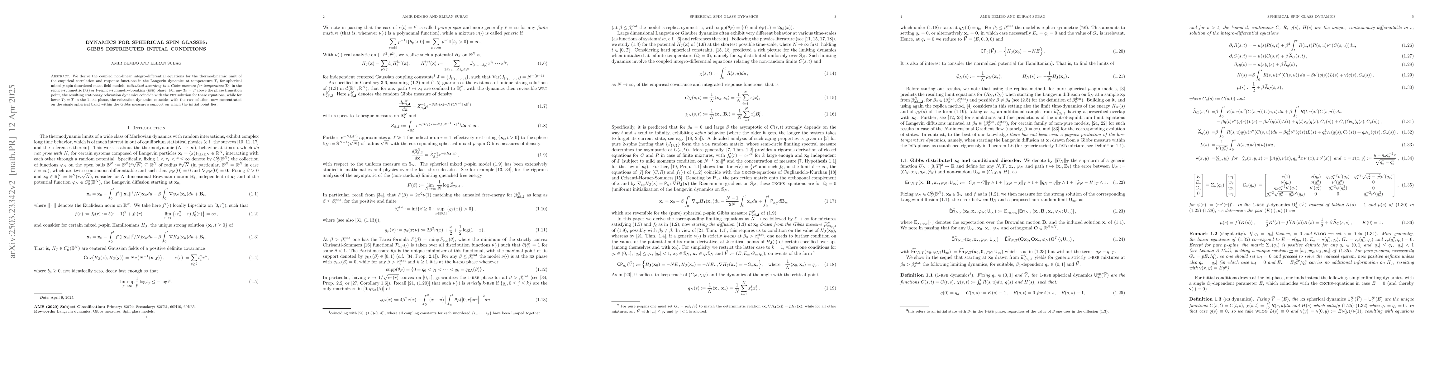Thumbnail for Dynamics for spherical spin glasses: Gibbs distributed initial
  conditions
