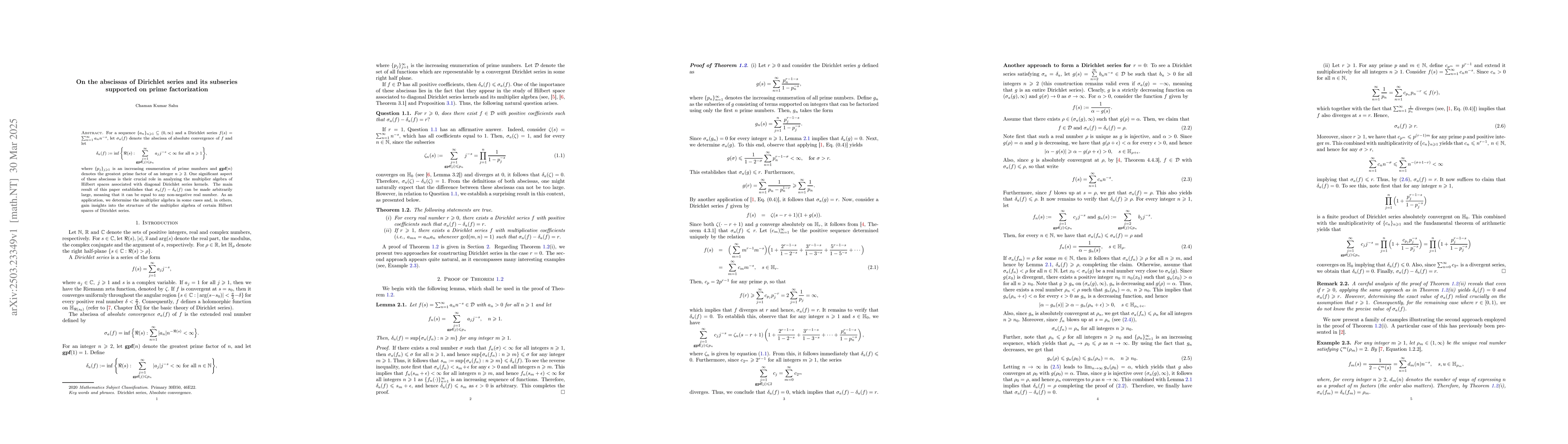 Thumbnail for On the abscissas of a Dirichlet series and its subseries supported on
  prime factorization