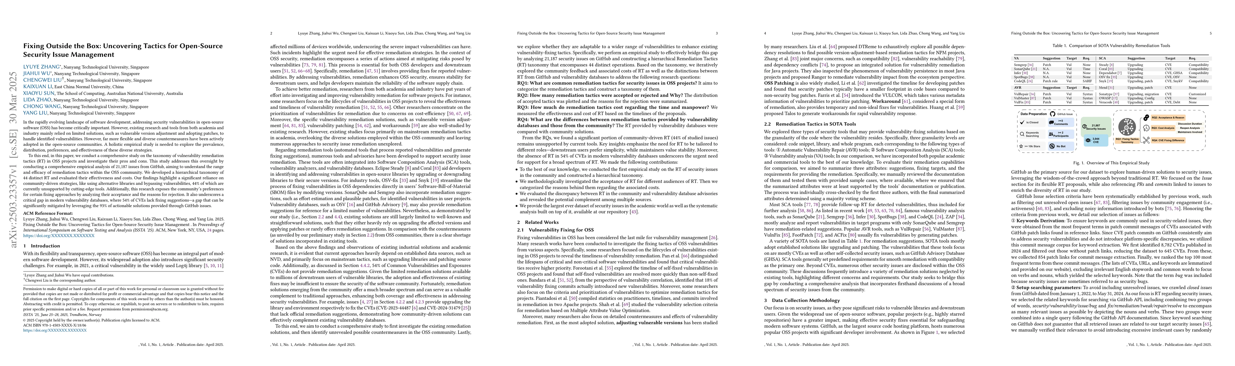 Thumbnail for Fixing Outside the Box: Uncovering Tactics for Open-Source Security
  Issue Management