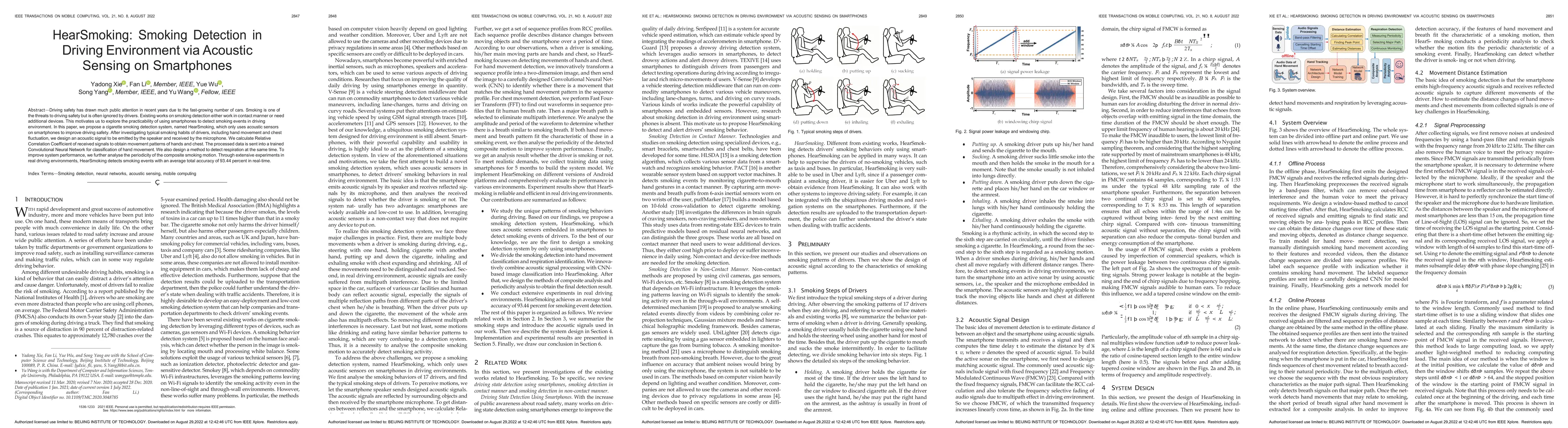 Thumbnail for HearSmoking: Smoking Detection in Driving Environment via Acoustic
  Sensing on Smartphones