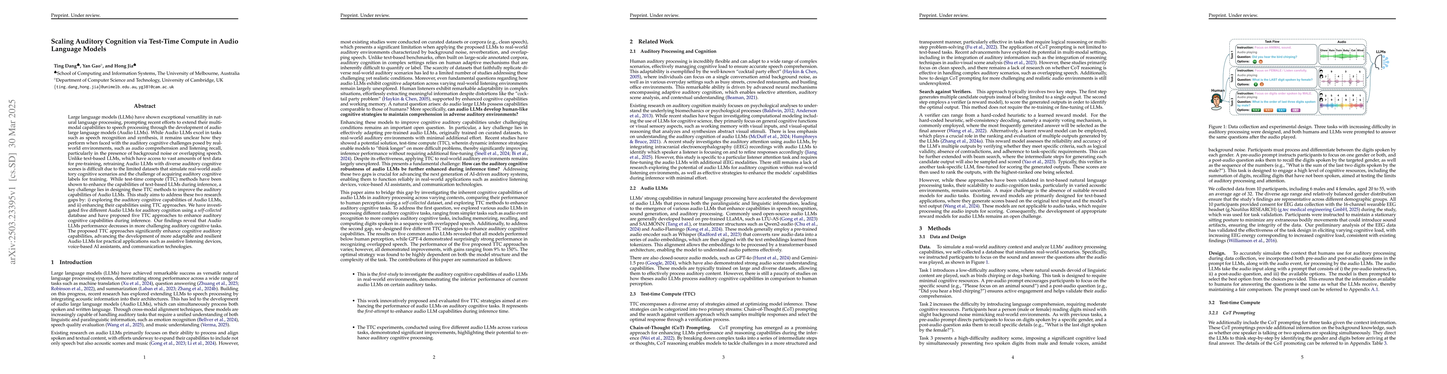 Thumbnail for Scaling Auditory Cognition via Test-Time Compute in Audio Language
  Models