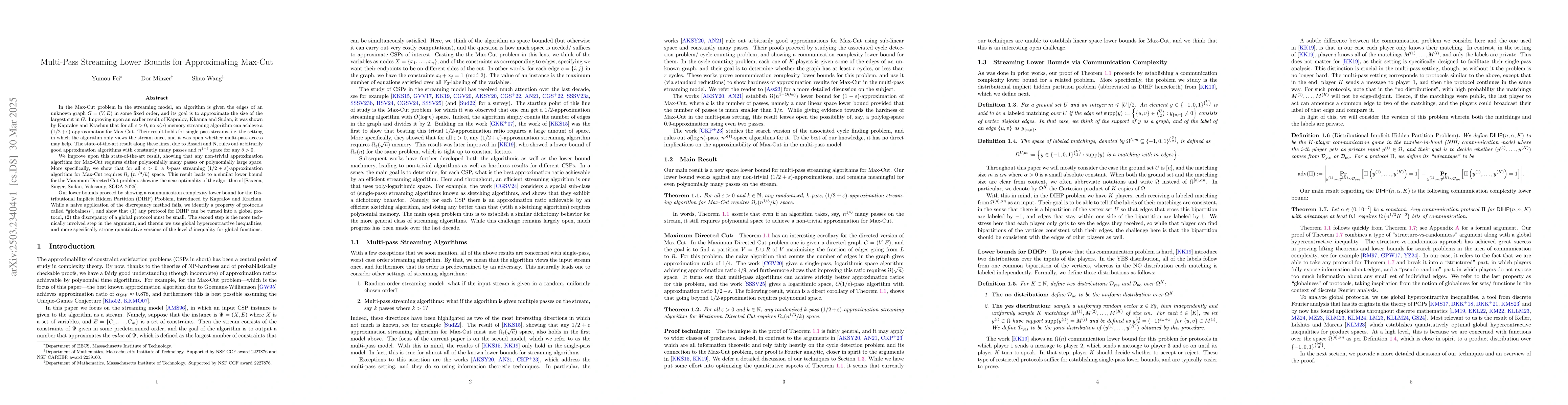 Thumbnail for Multi-Pass Streaming Lower Bounds for Approximating Max-Cut