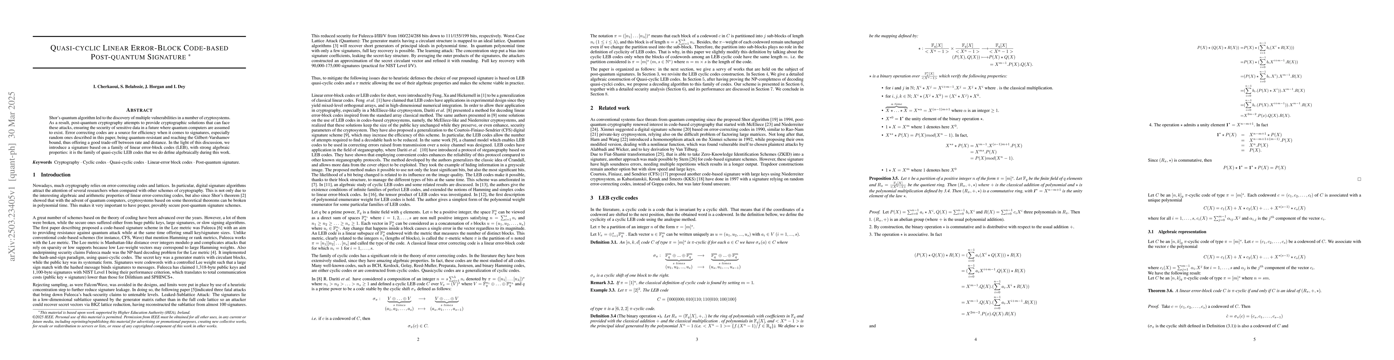 Thumbnail for Quasi-cyclic Linear Error-Block Code-based Post-quantum Signature