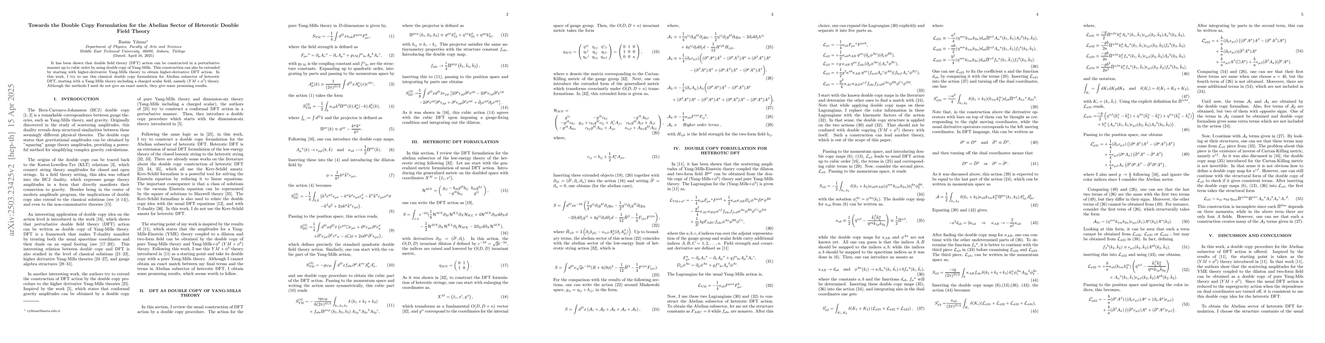 Thumbnail for Towards the Double Copy Formulation for the Abelian Sector of Heterotic
  Double Field Theory