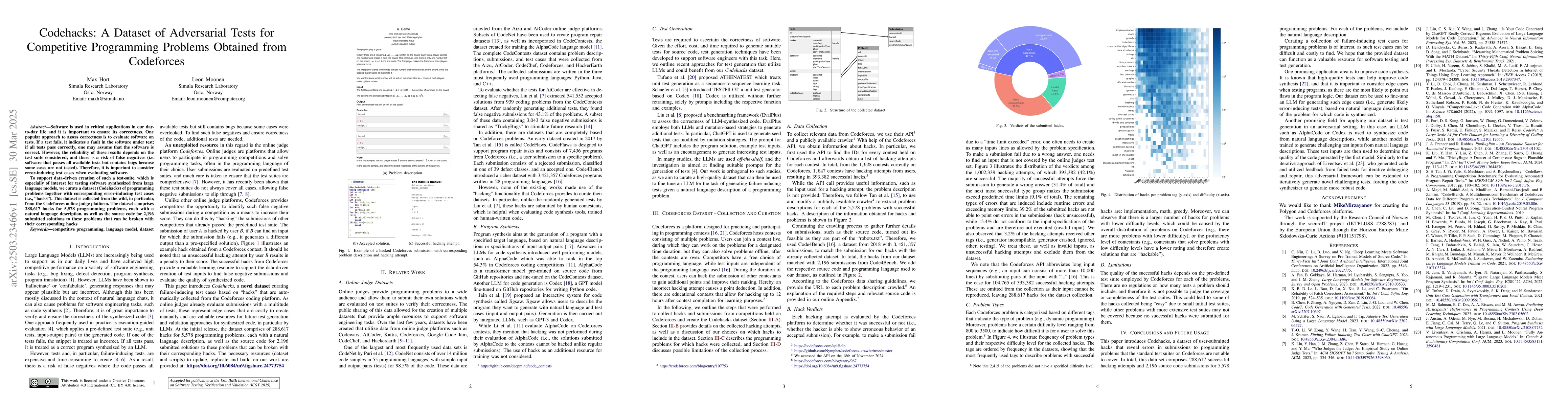 Thumbnail for Codehacks: A Dataset of Adversarial Tests for Competitive Programming
  Problems Obtained from Codeforces