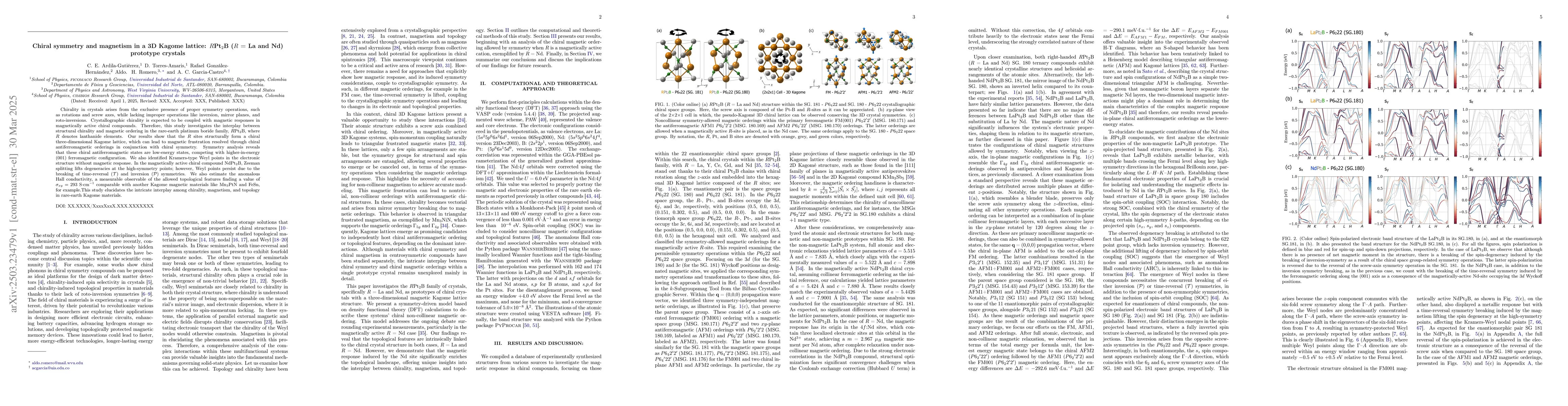 Thumbnail for Chiral symmetry and magnetism in a 3D Kagome lattice: RPt$_2$B (R = La
  and Nd) prototype crystals