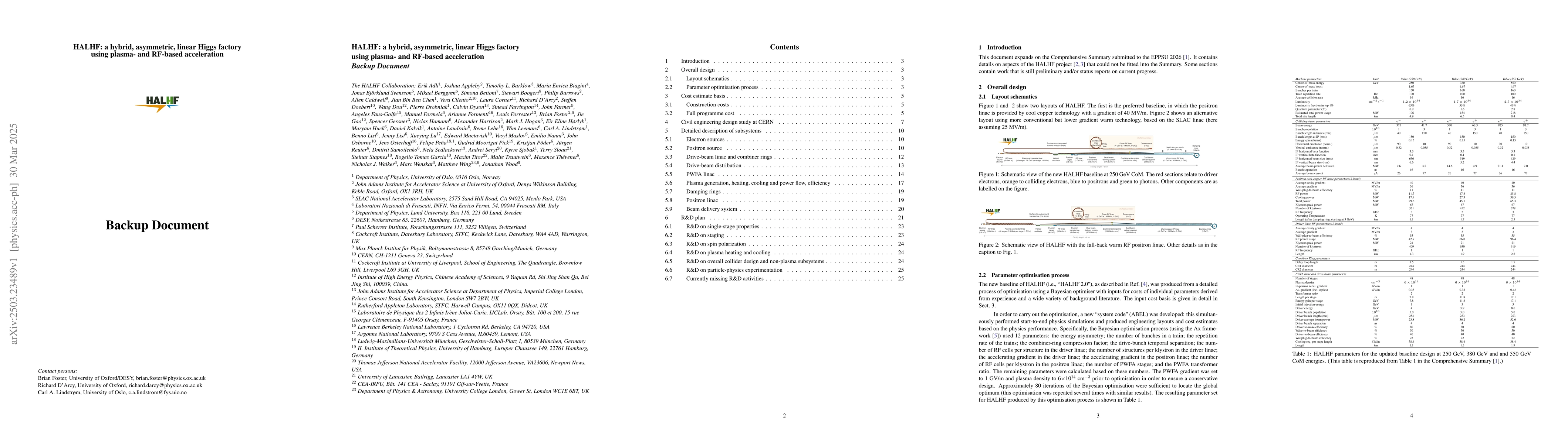 Thumbnail for HALHF: a hybrid, asymmetric, linear Higgs factory using plasma- and
  RF-based acceleration. Backup Document