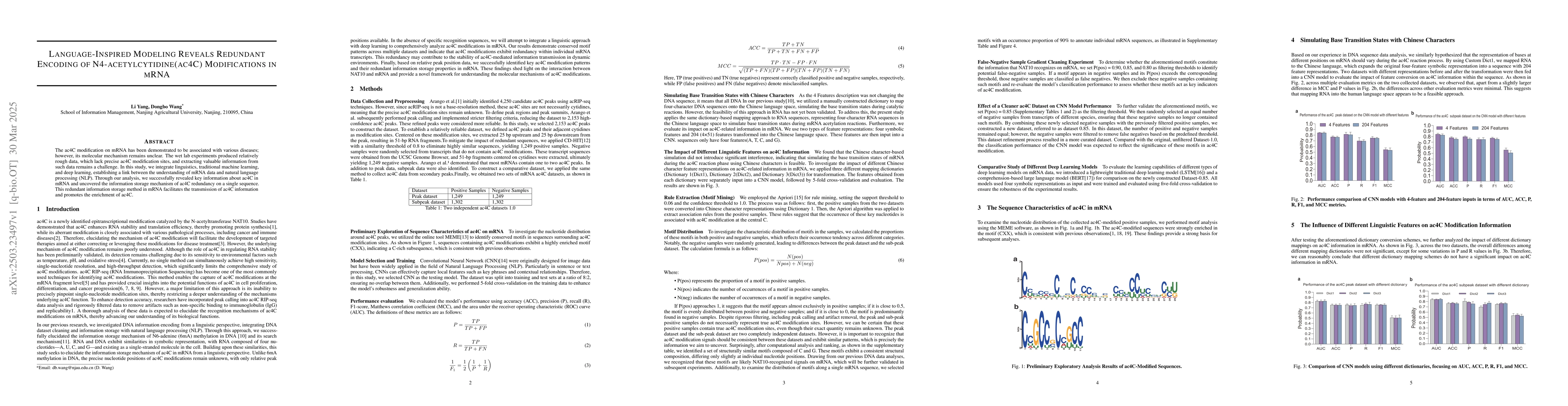 Thumbnail for Language-Inspired Modeling Reveals Redundant Encoding of
  N4-acetylcytidine(ac4C) Modifications in mRNA