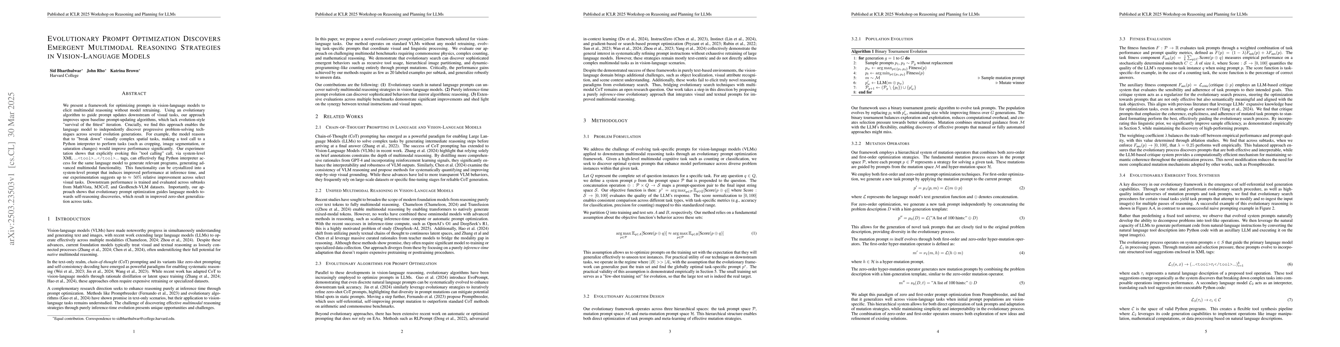 Thumbnail for Evolutionary Prompt Optimization Discovers Emergent Multimodal Reasoning
  Strategies in Vision-Language Models