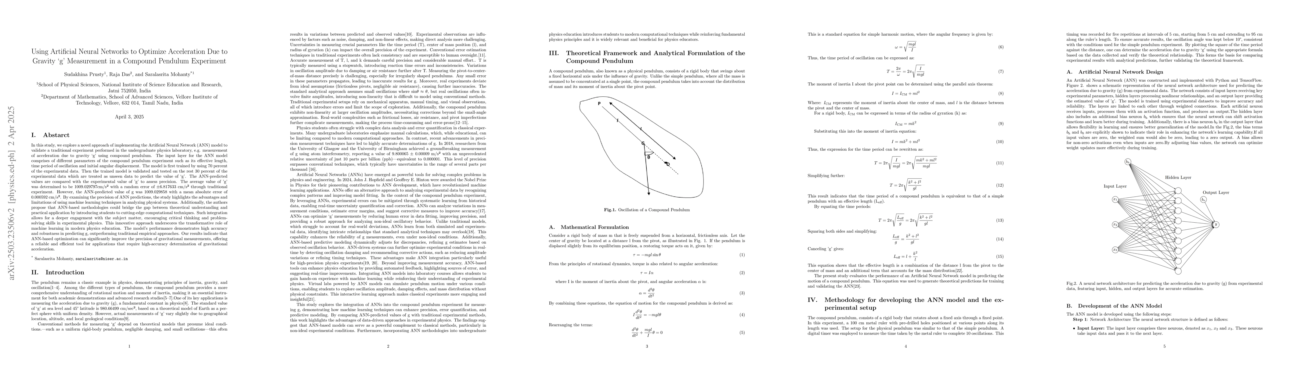 Thumbnail for Using Artificial Neural Networks to Optimize Acceleration Due to Gravity
  g Measurement in a Compound Pendulum Experiment