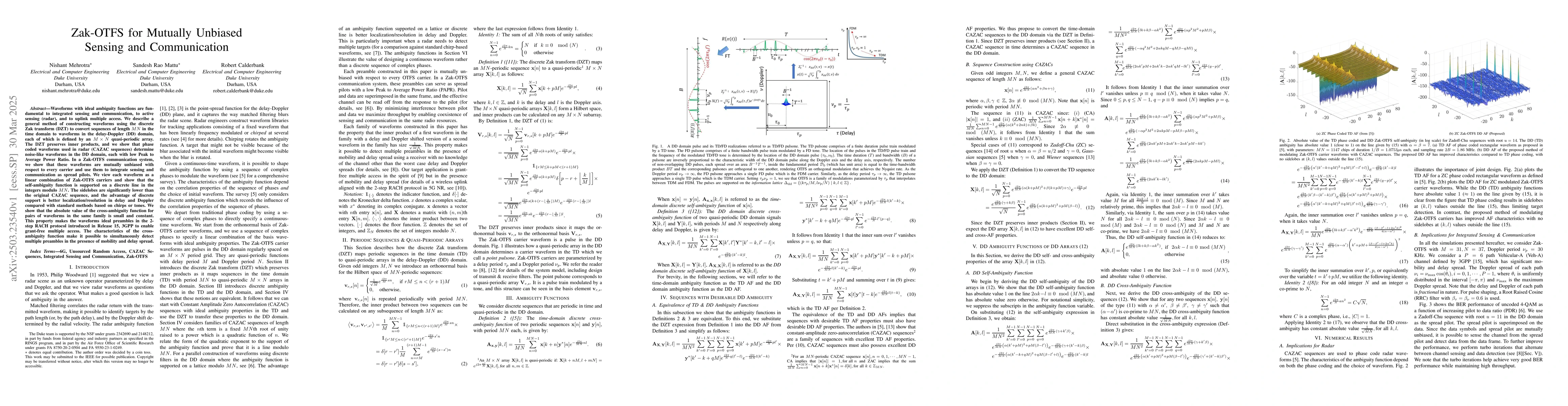 Thumbnail for Zak-OTFS for Mutually Unbiased Sensing and Communication