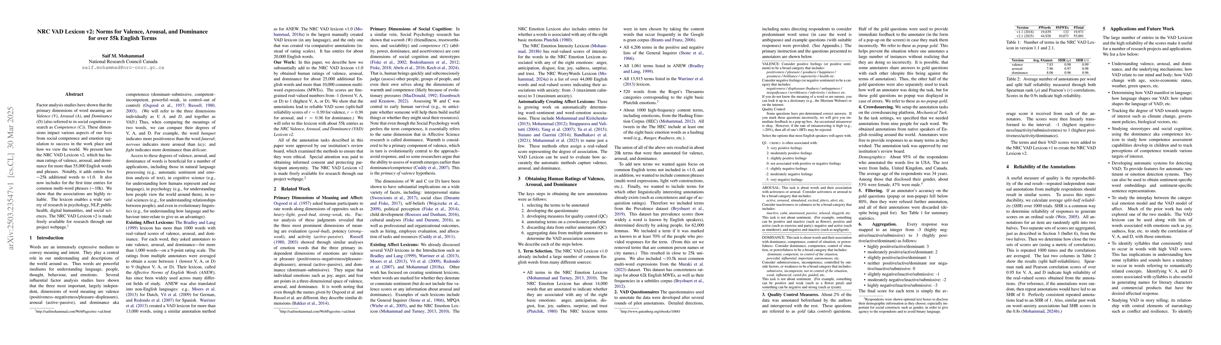 Thumbnail for NRC VAD Lexicon v2: Norms for Valence, Arousal, and Dominance for over
  55k English Terms