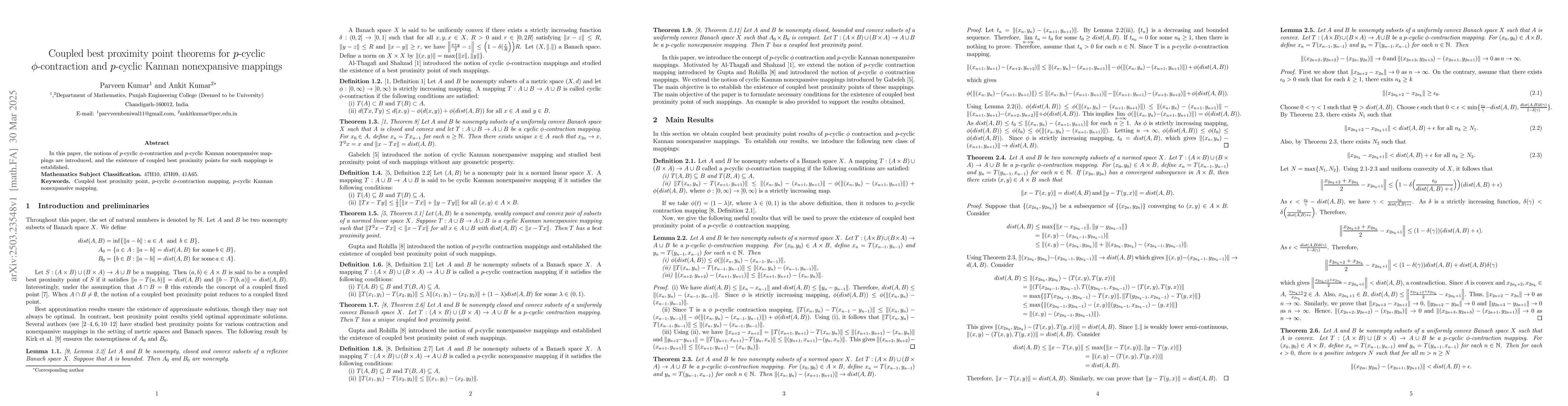Thumbnail for Coupled best proximity point theorems for $p$-cyclic $φ$-contraction
  and $p$-cyclic Kannan nonexpansive mappings