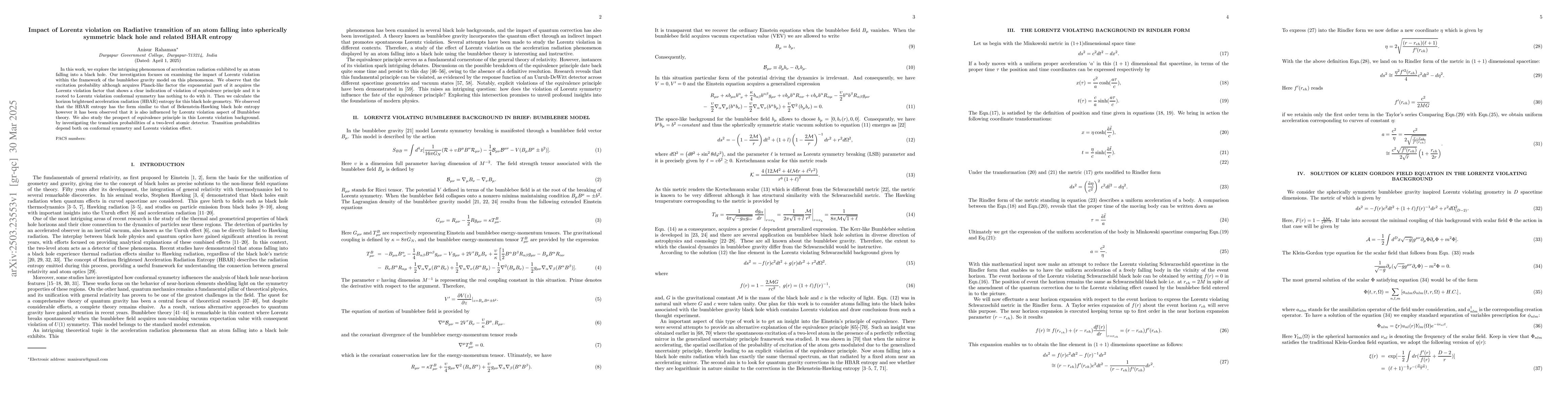 Thumbnail for Impact of Lorentz violation on Radiative transition of an atom falling
  into spherically symmetric black hole and related BHAR entropy