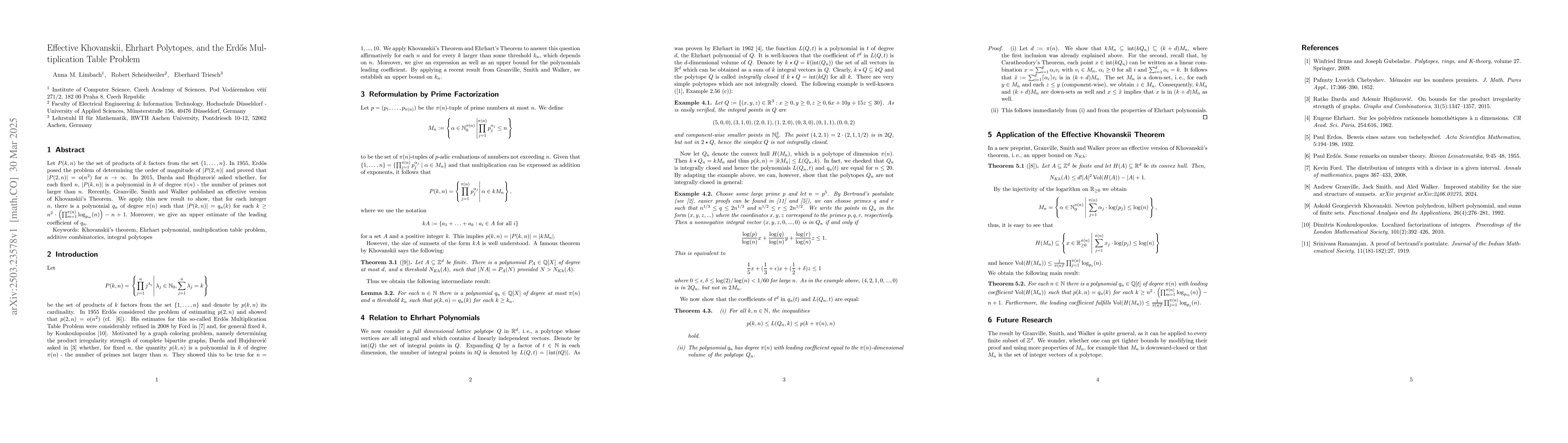 Thumbnail for Effective Khovanskii, Ehrhart Polytopes, and the Erdős
  Multiplication Table Problem