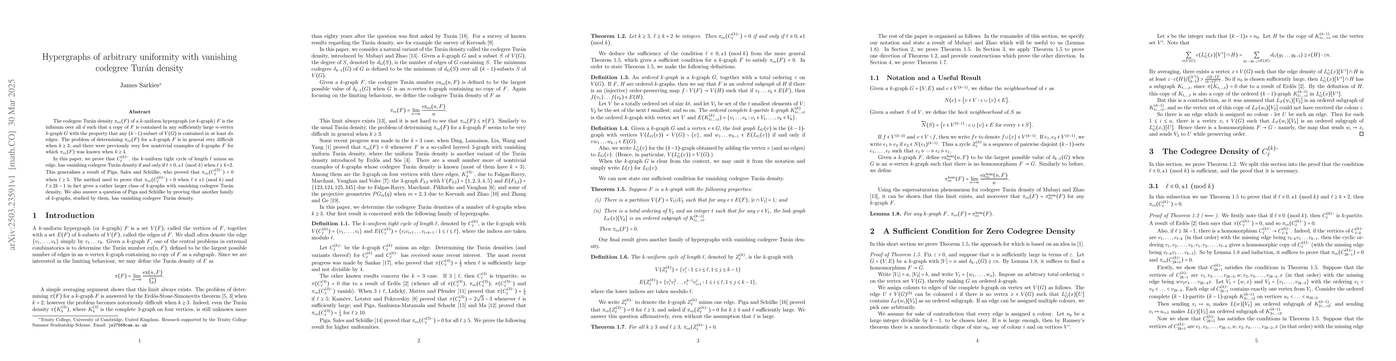 Thumbnail for Hypergraphs of arbitrary uniformity with vanishing codegree Turán
  density